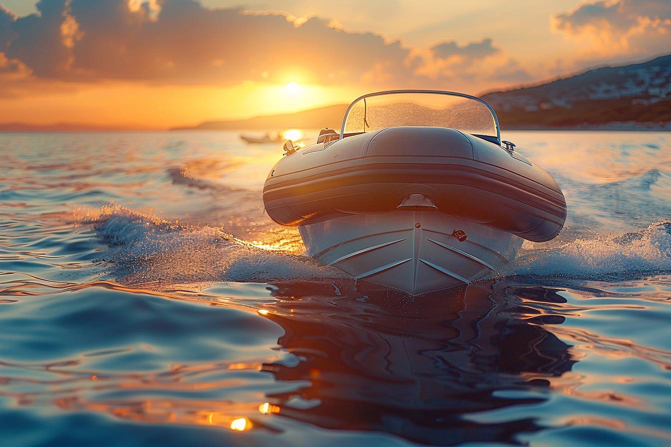 Bateau semi rigide sur l'eau avec passagers joyeux  
Véhicule nautique polyvalent prêt pour l'aventure