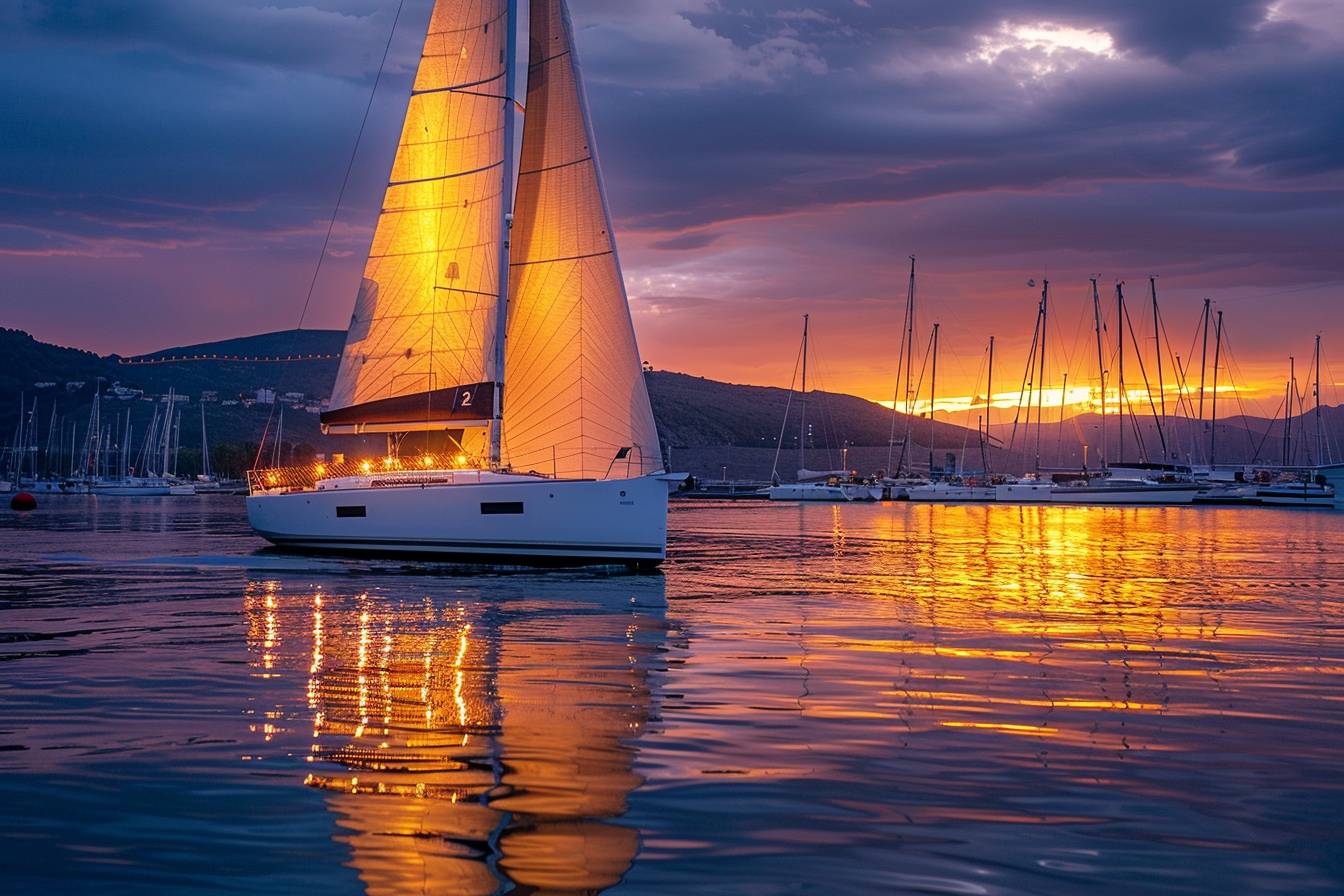 Bateau à voile sur une mer calme avec un ciel bleu  
Voilier naviguant paisiblement avec des voiles blanches