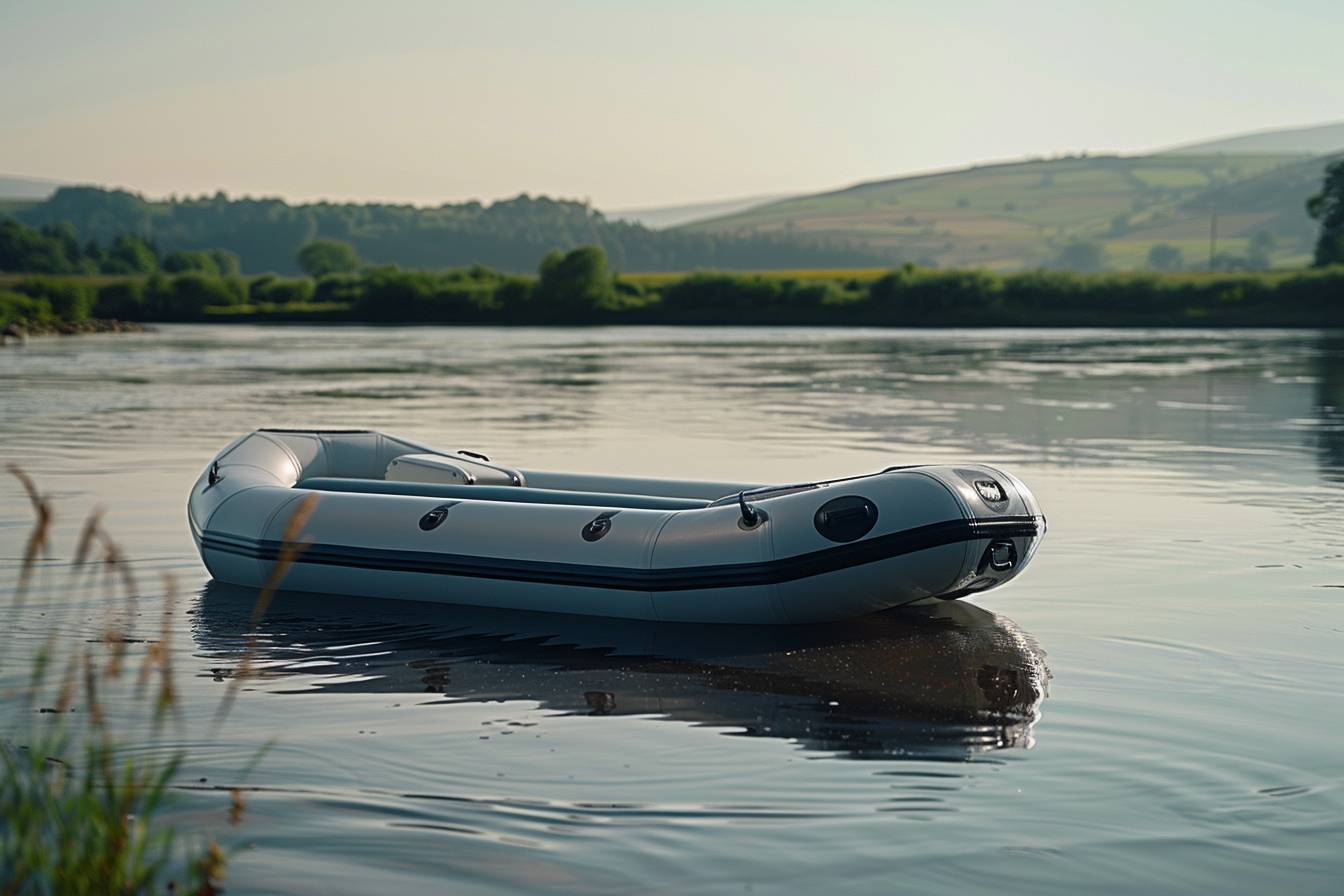 Bateau gonflable sur l'eau avec pêcheurs à bord  
Pêcheurs utilisant un bateau pneumatique sur le lac